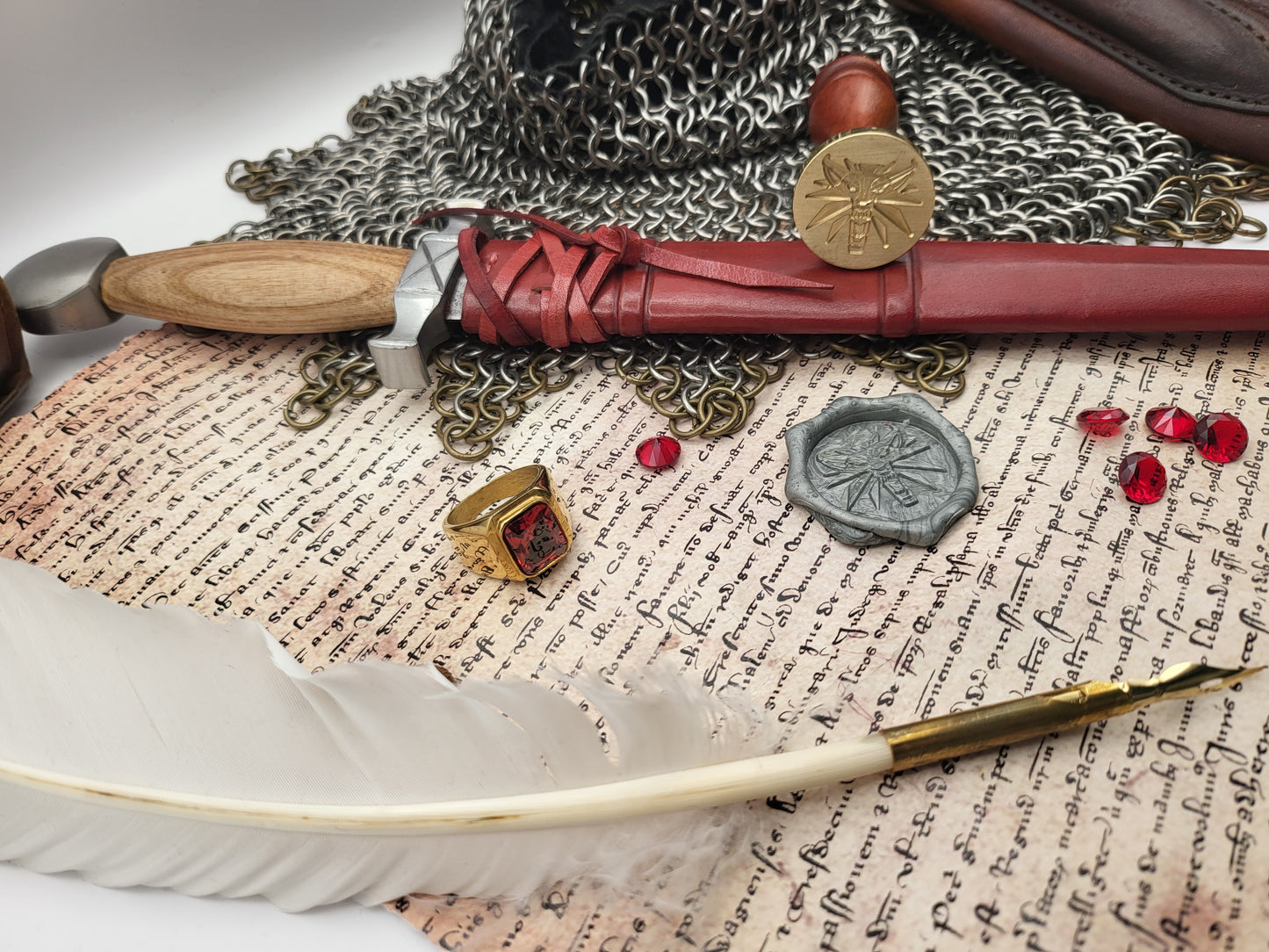 Side view of Witcher Wolf medallion brass wax seal stamp with wooden handle.