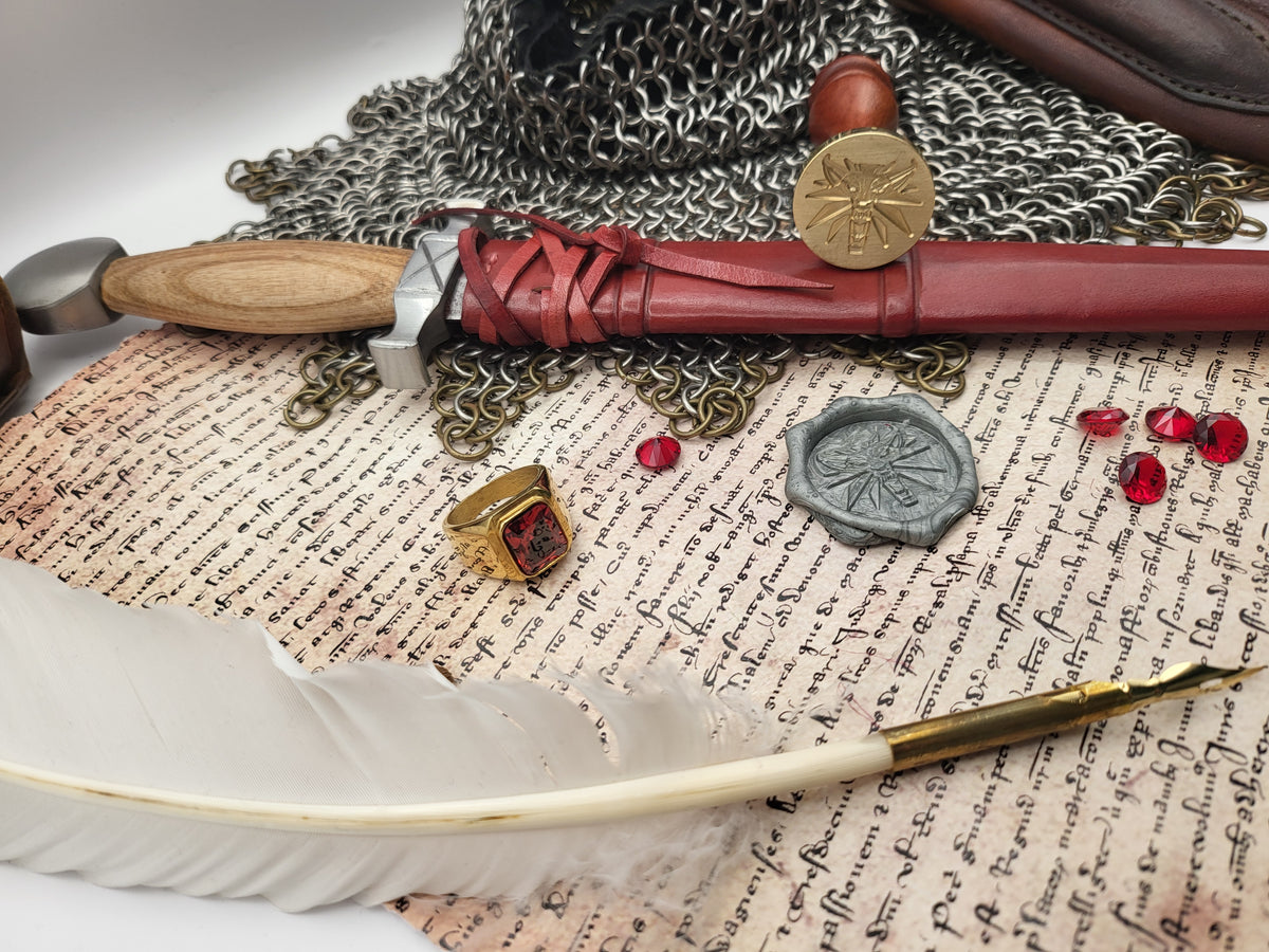 Side view of Witcher Wolf medallion brass wax seal stamp with wooden handle.