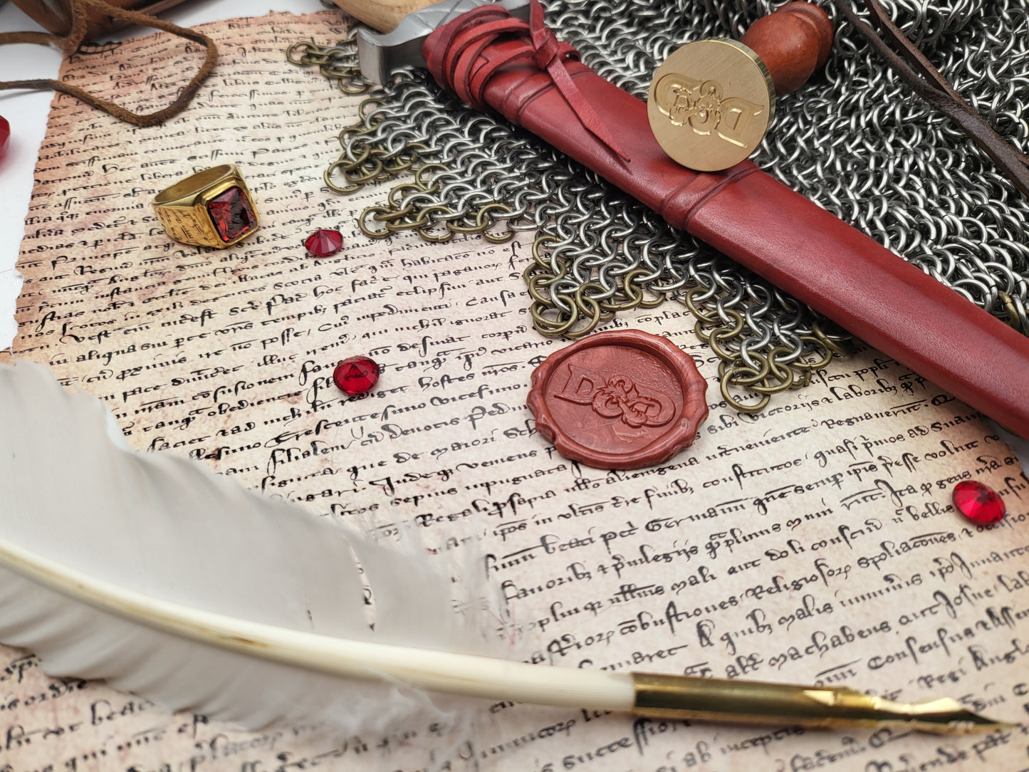 Dungeons & Dragons brass wax seal stamp presented on an open book with medieval-style props
