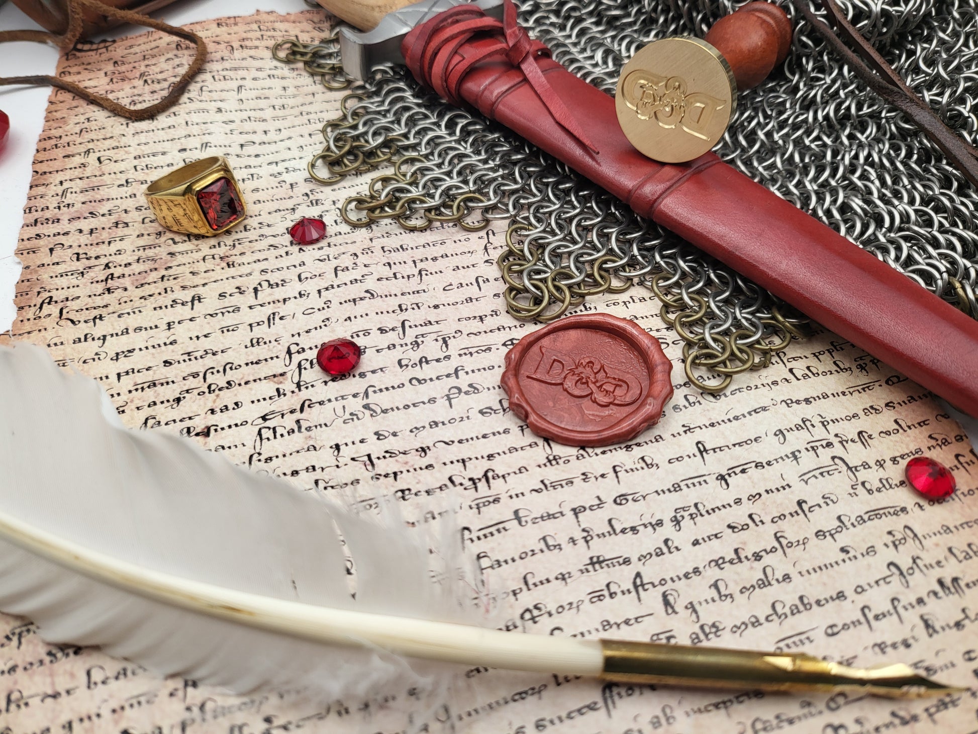 Dungeons & Dragons brass wax seal stamp presented on an open book with medieval-style props