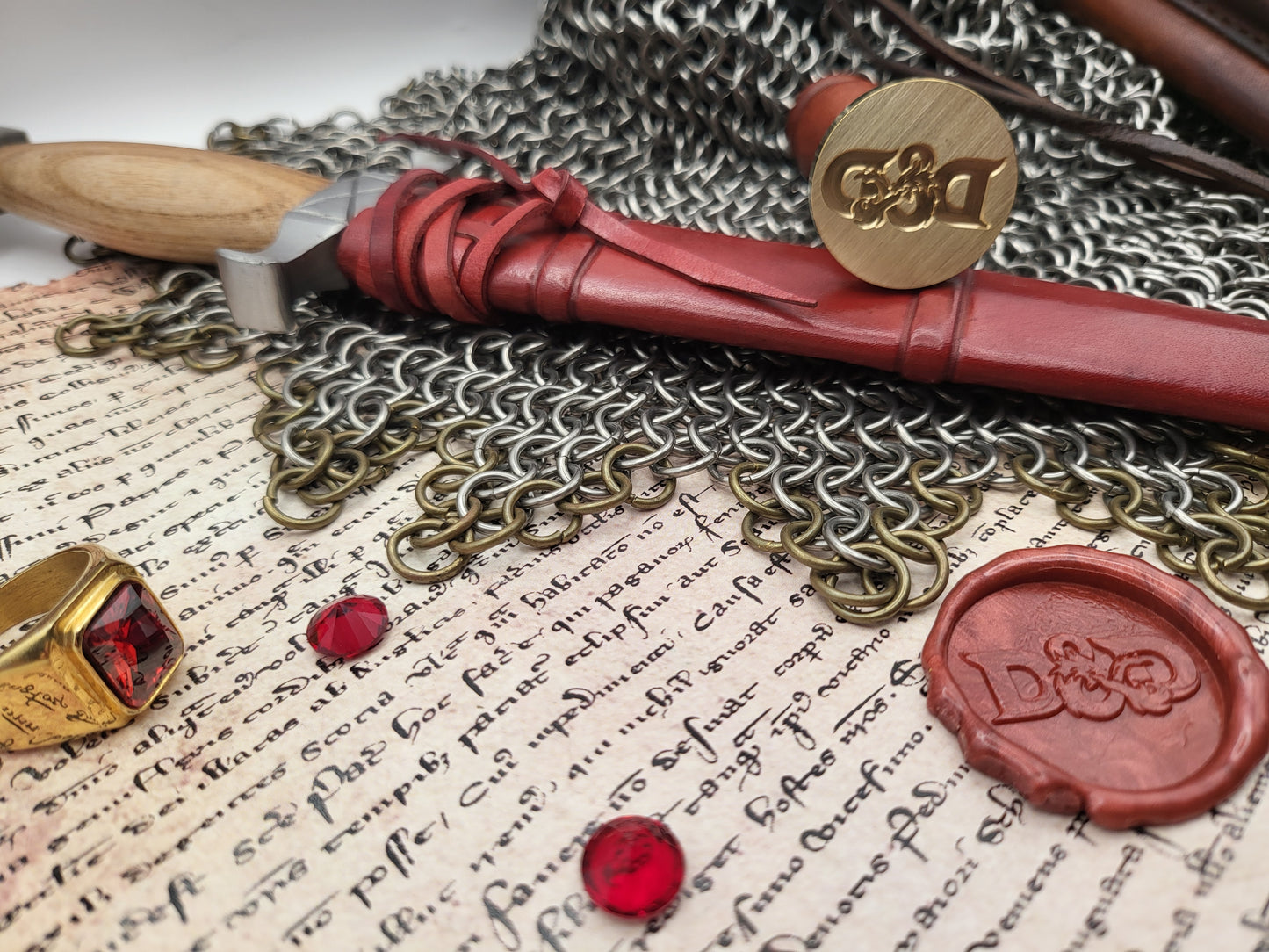 Dungeons & Dragons dragon ampersand brass wax seal stamp with red wax impression.