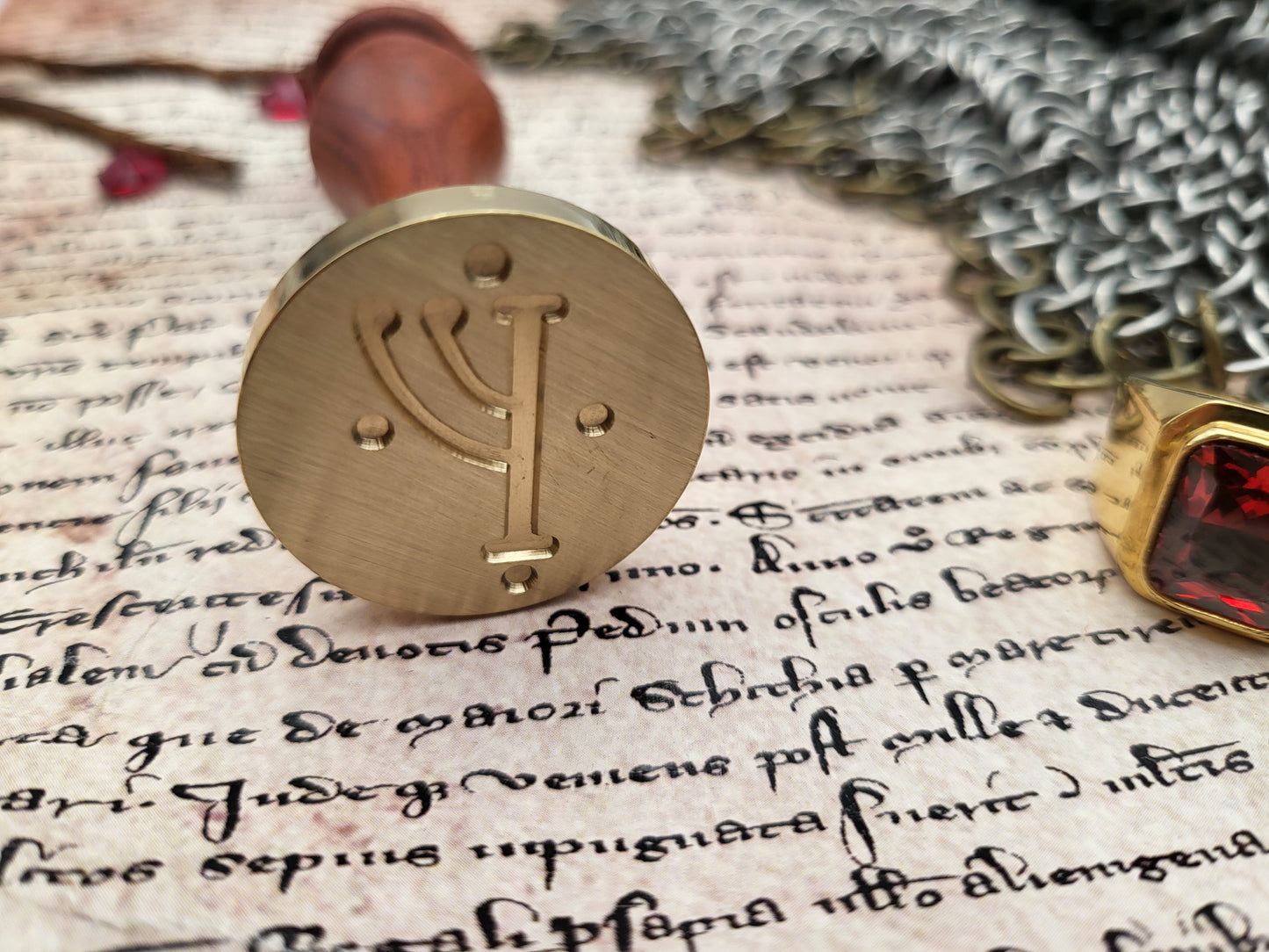 Close-up of the Gandalf rune engraved into a 30 mm brass wax seal stamp