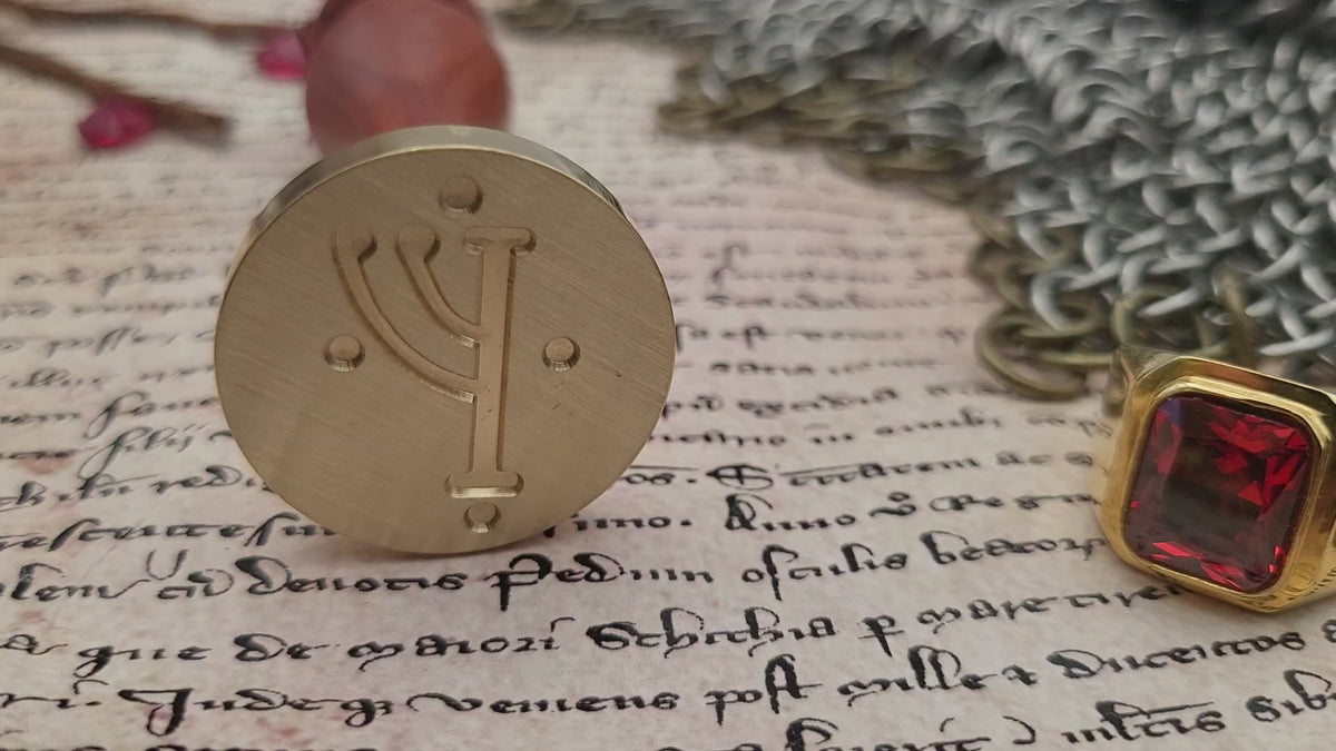Gandalf rune brass wax seal stamp with wooden handle, ready for sealing wax.