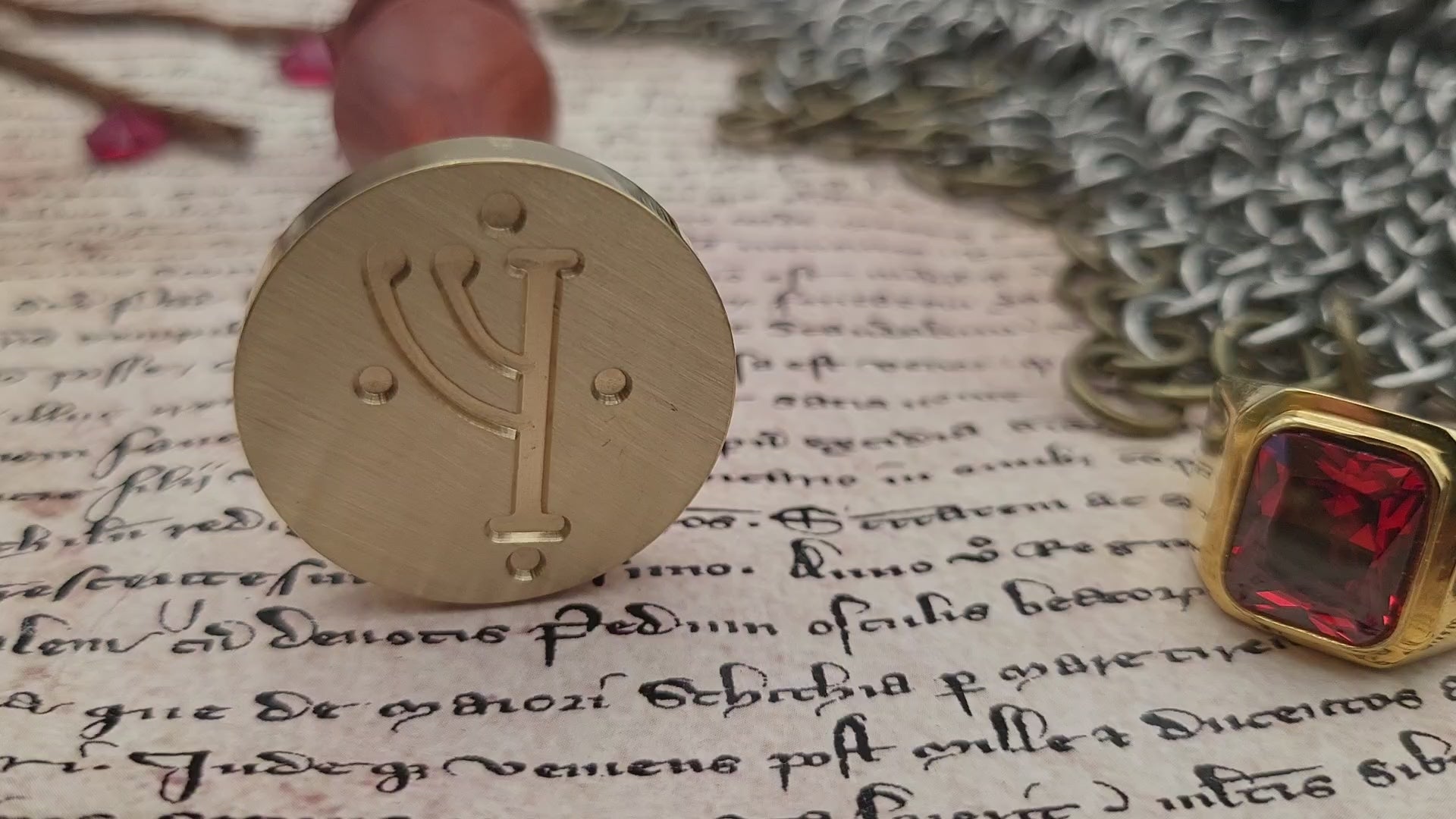 Gandalf rune brass wax seal stamp with wooden handle, ready for sealing wax.